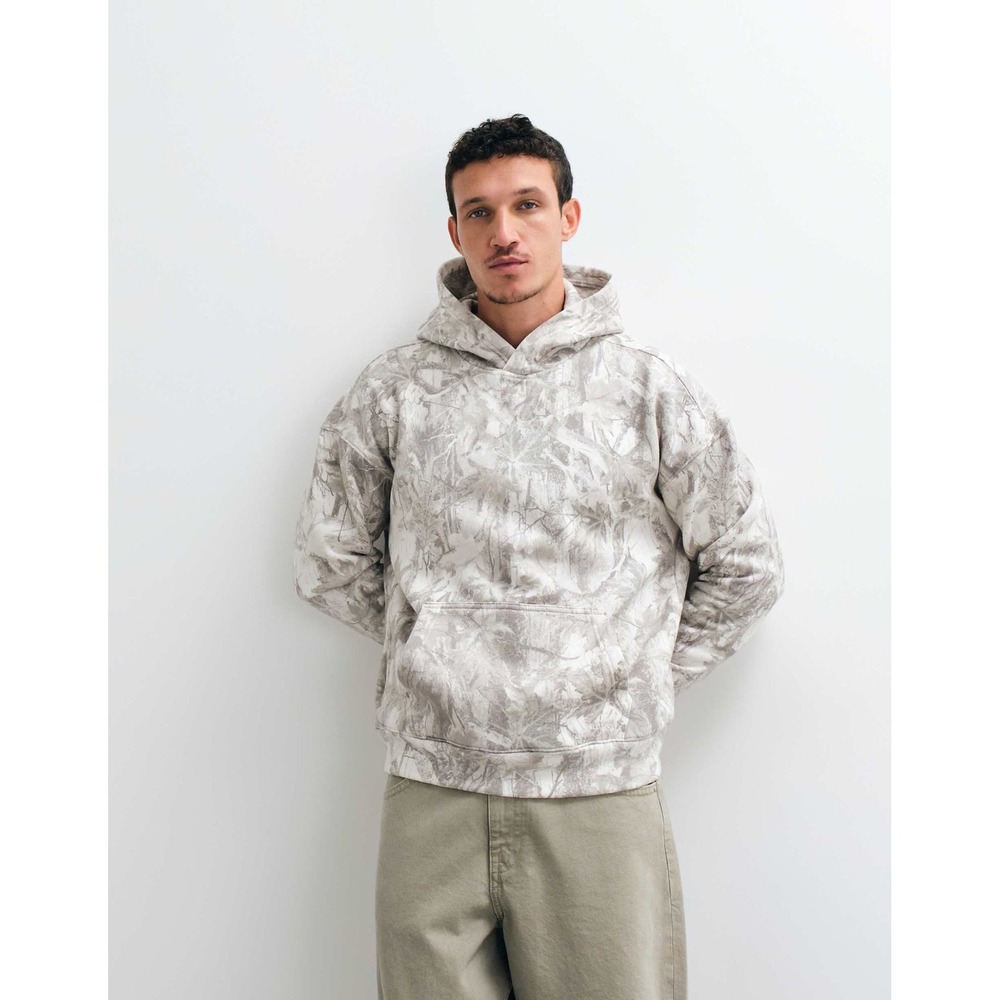 Hollister Mens Boxy Fit Leaf Camo Fleece Hoodie Grey White Pullover Medium NEW
